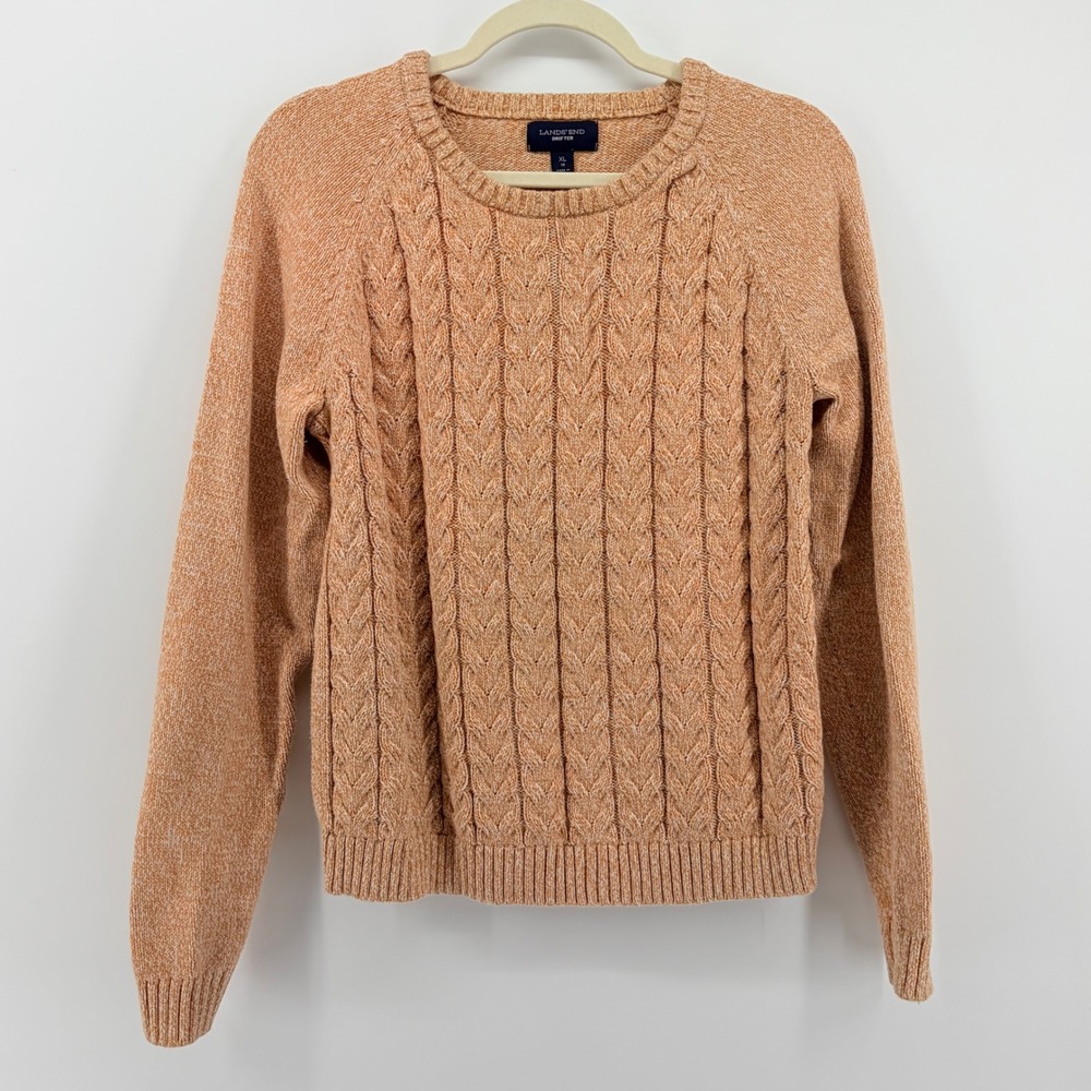 Lands End Drifter Kids Tan Cable Knit Sweater Size XL 18 Cotton Blend‎